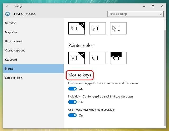 How to control the mouse pointer using the keyboard win 10